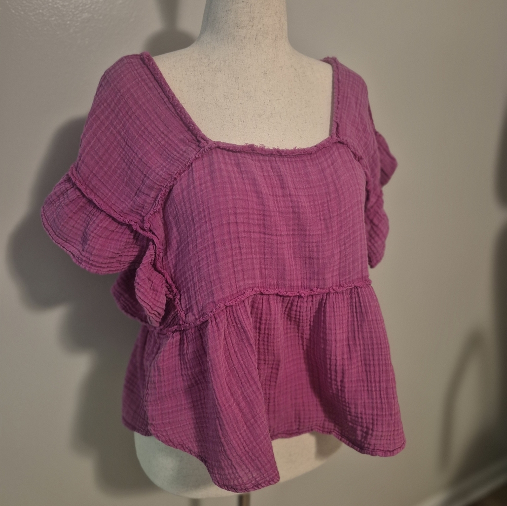 ANTHROPOLOGIE DAILY PRACTICE MED Women's Pink BERRY Ruffle GAUZE  Top